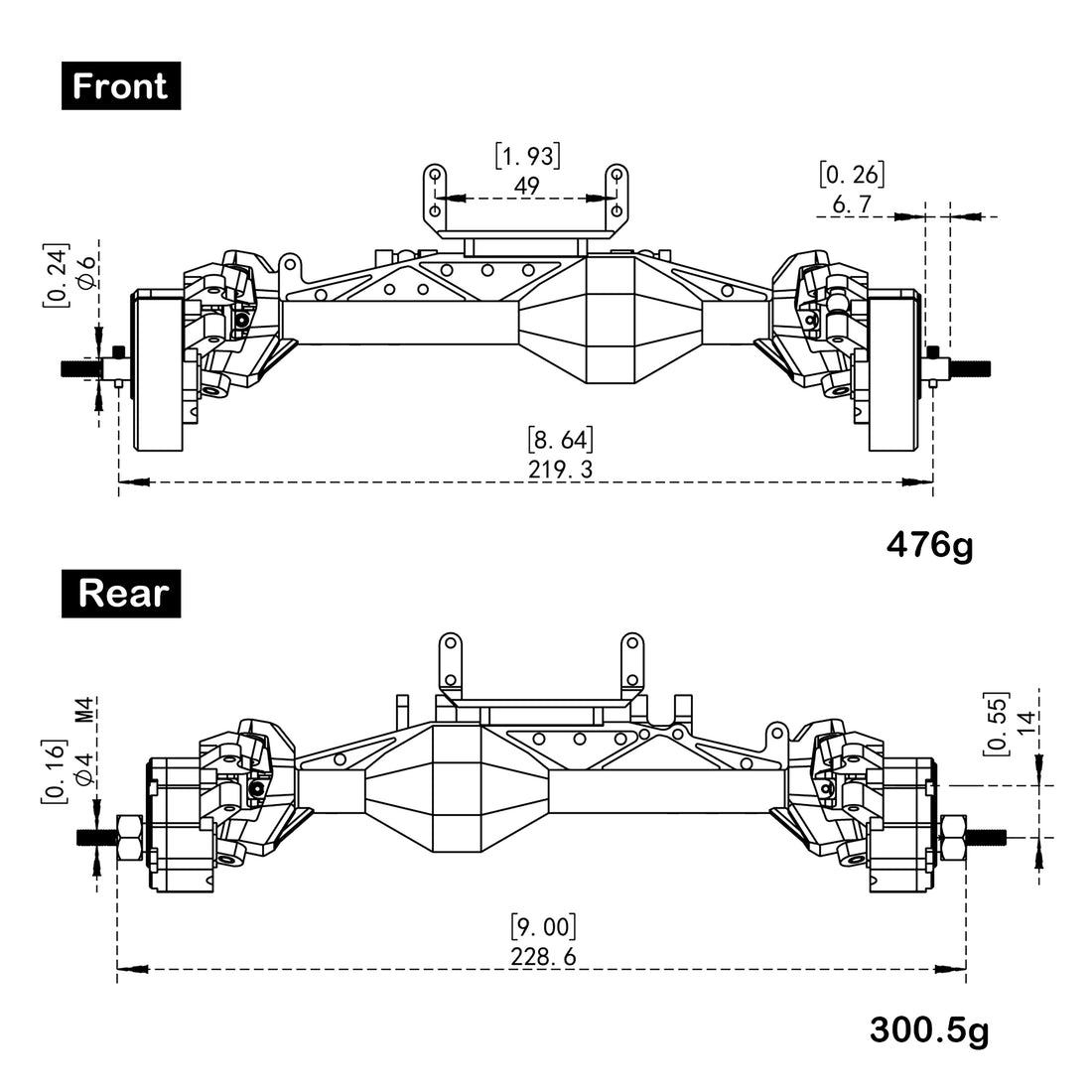 Black 1/10 Capra 1.9 4WS UTB Isokinetic 3-Section Two Front Axles