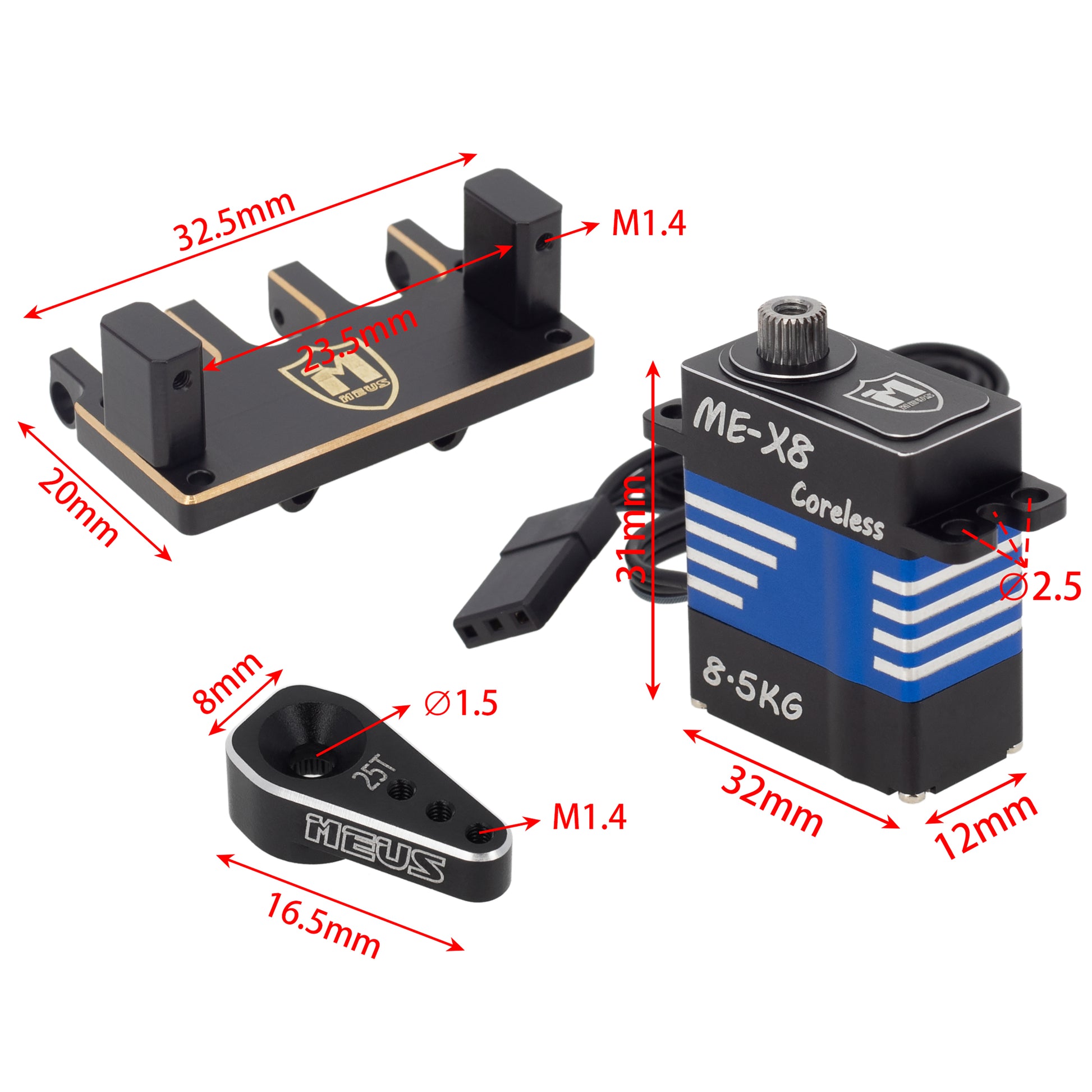 8.5KG Coreless Servo with Adjustable Brass Servo Mount and Steering Horn Size