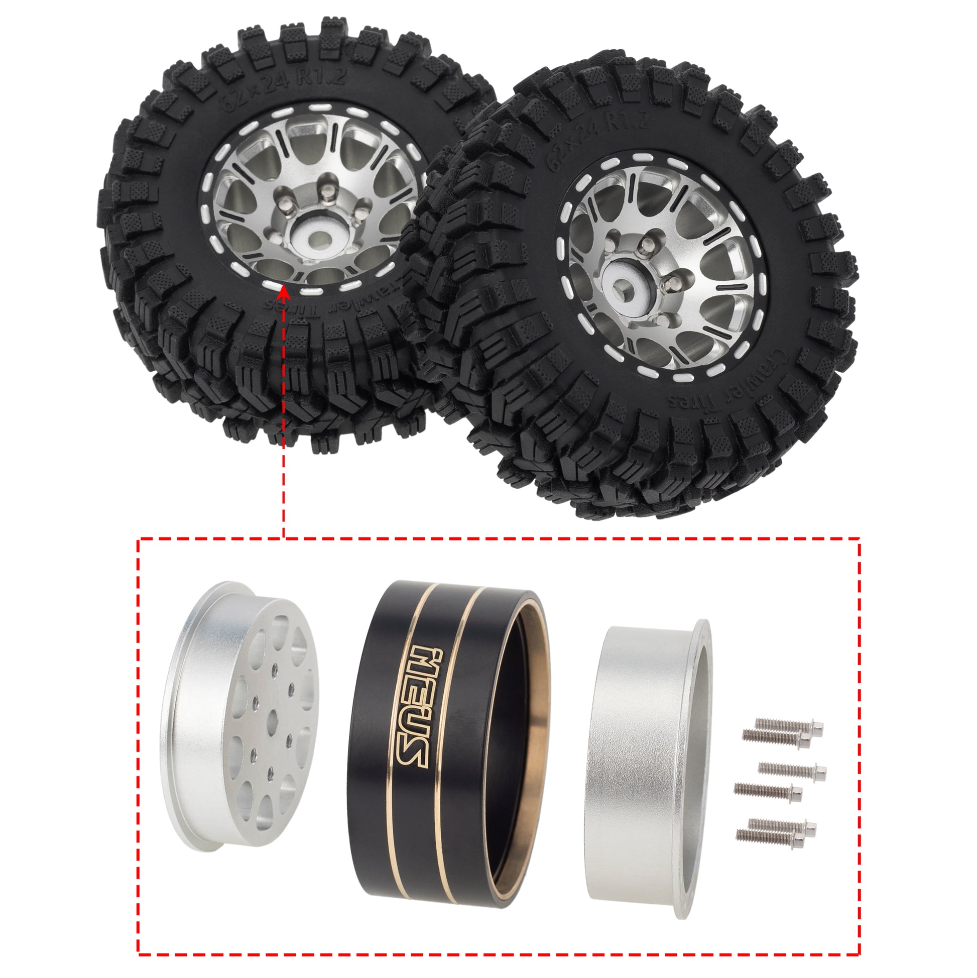 MEUS Racing 1.2-inch Beadlock Wheels Brass Rim+ Aluminum 1.0(plus) Tire Set Negative Hub