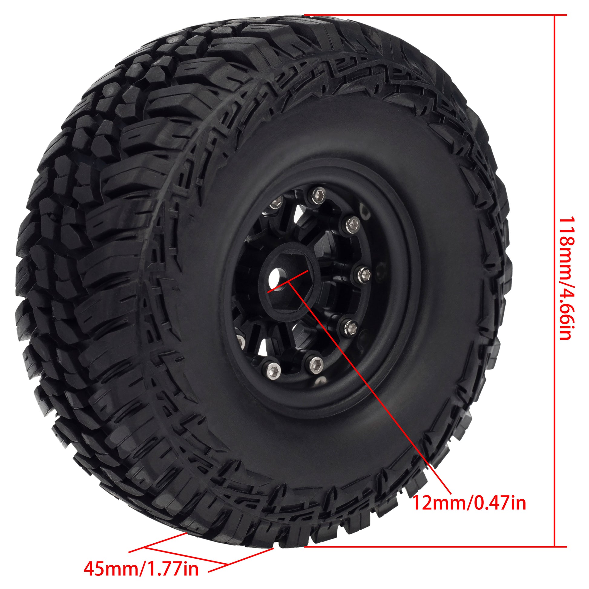 Black 1.9" Plastic Beadlock Wheels/Rubber Tires size