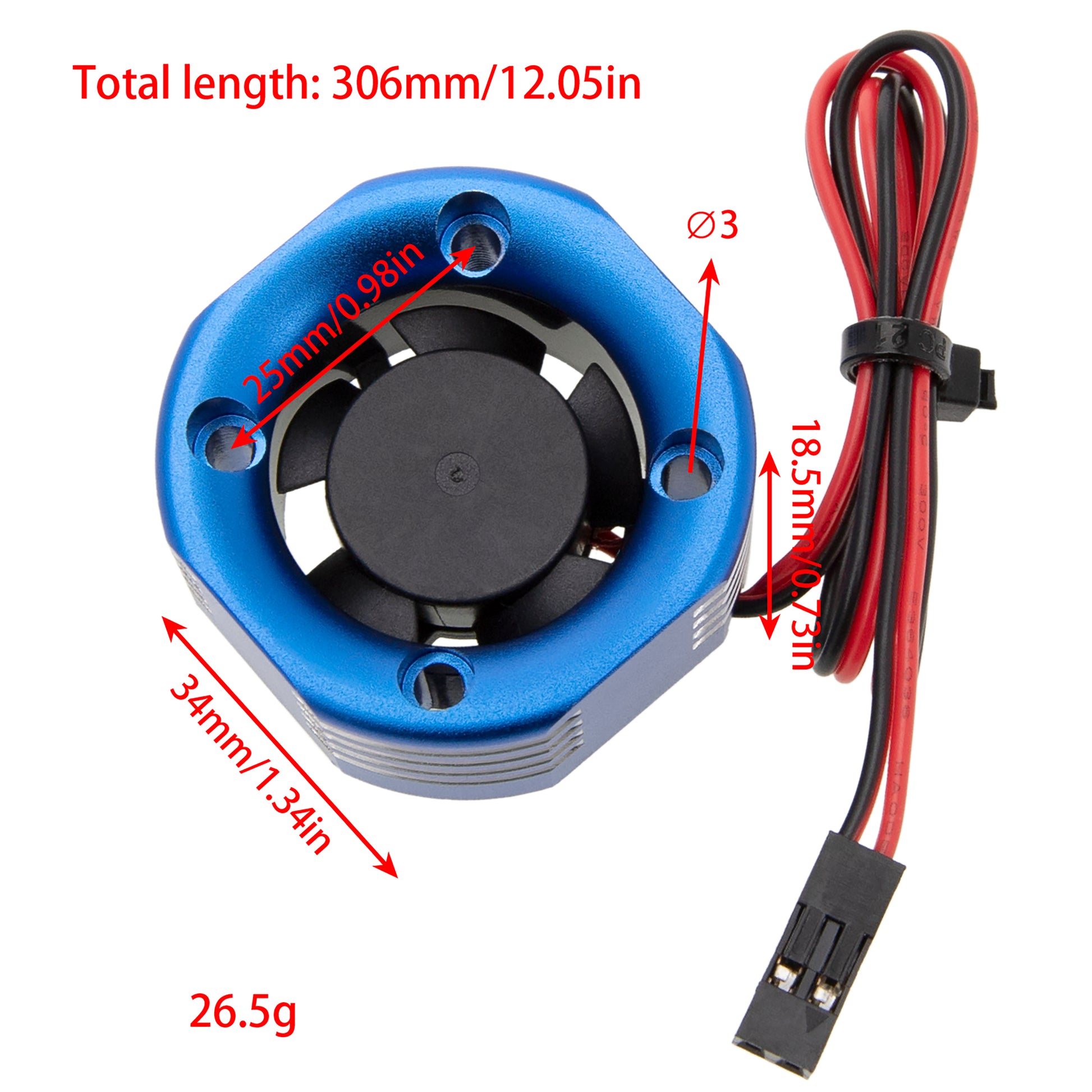 Blue 25mm RC Motor Cooling Fan size