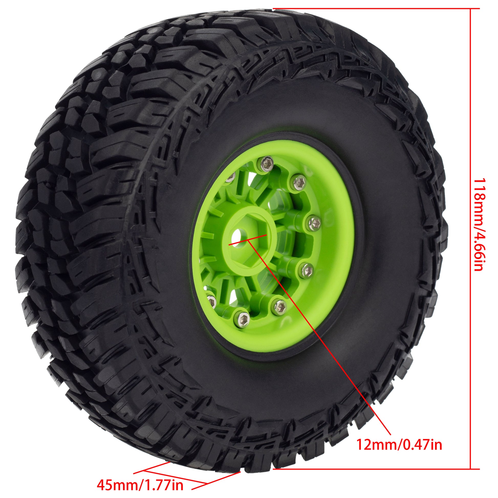 Green 1.9" Plastic Beadlock Wheels/Rubber Tires size
